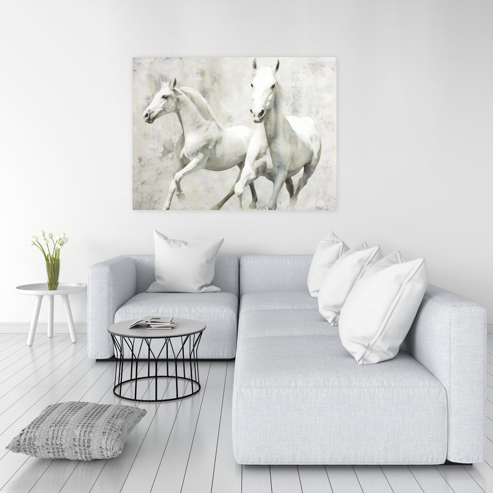 Two White Horse Running Canvas | Western Home Decor Art