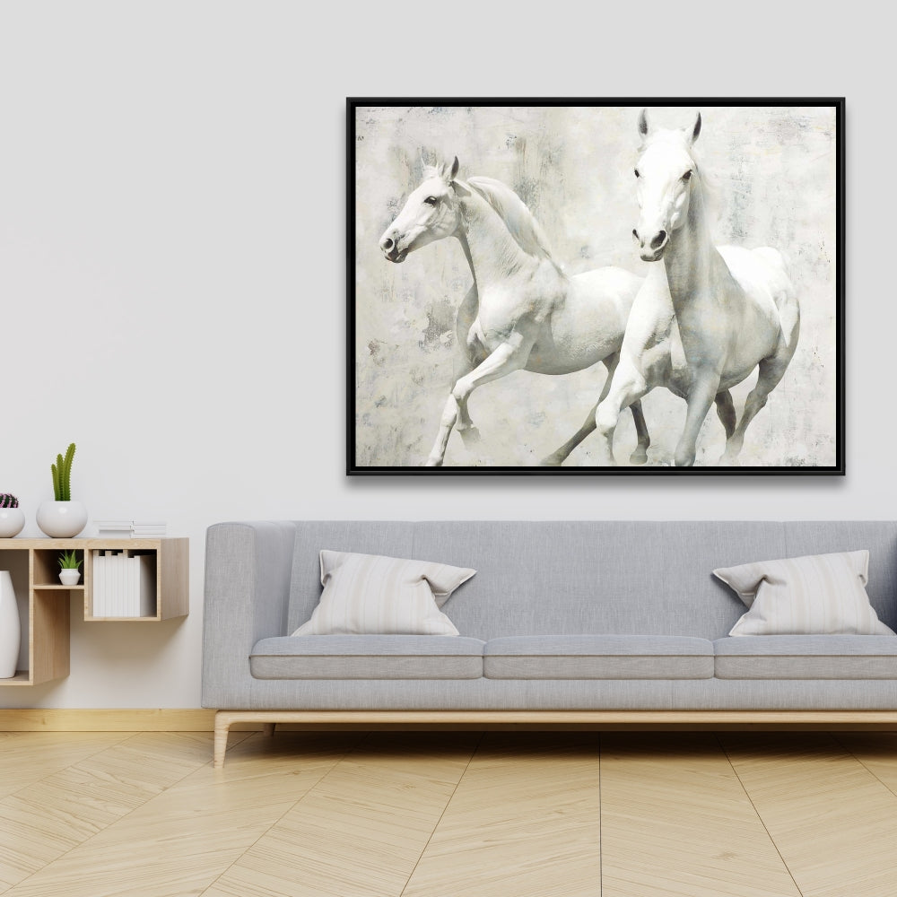 Two White Horses Running | Farm Animals Framed Canvas Decor