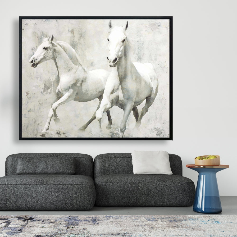 Two White Horses Running | Farm Animals Framed Canvas Decor