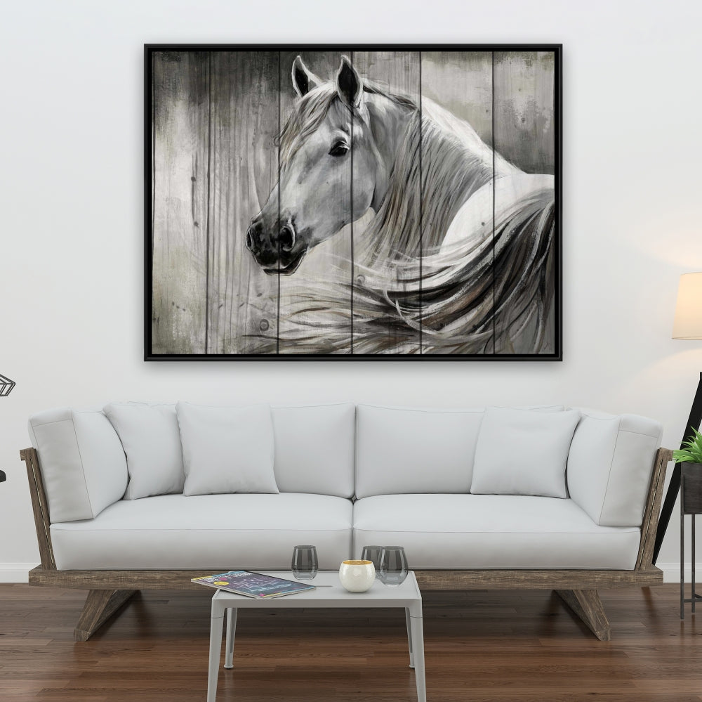 Toile encadrée rustique représentant un cheval - Décoration de chambre avec art animalier