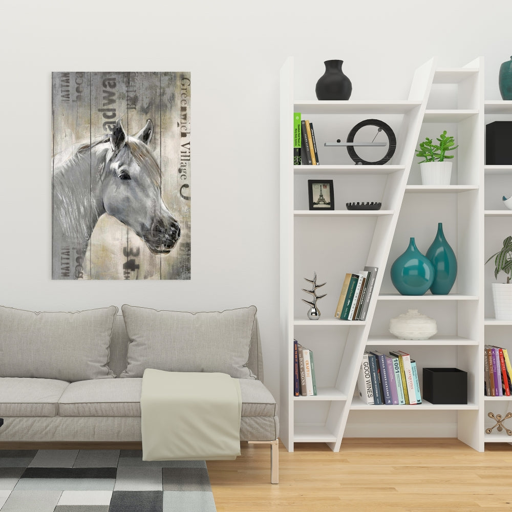 Toile rustique représentant un cheval blanc – Décoration de chambre à coucher avec animaux de la ferme