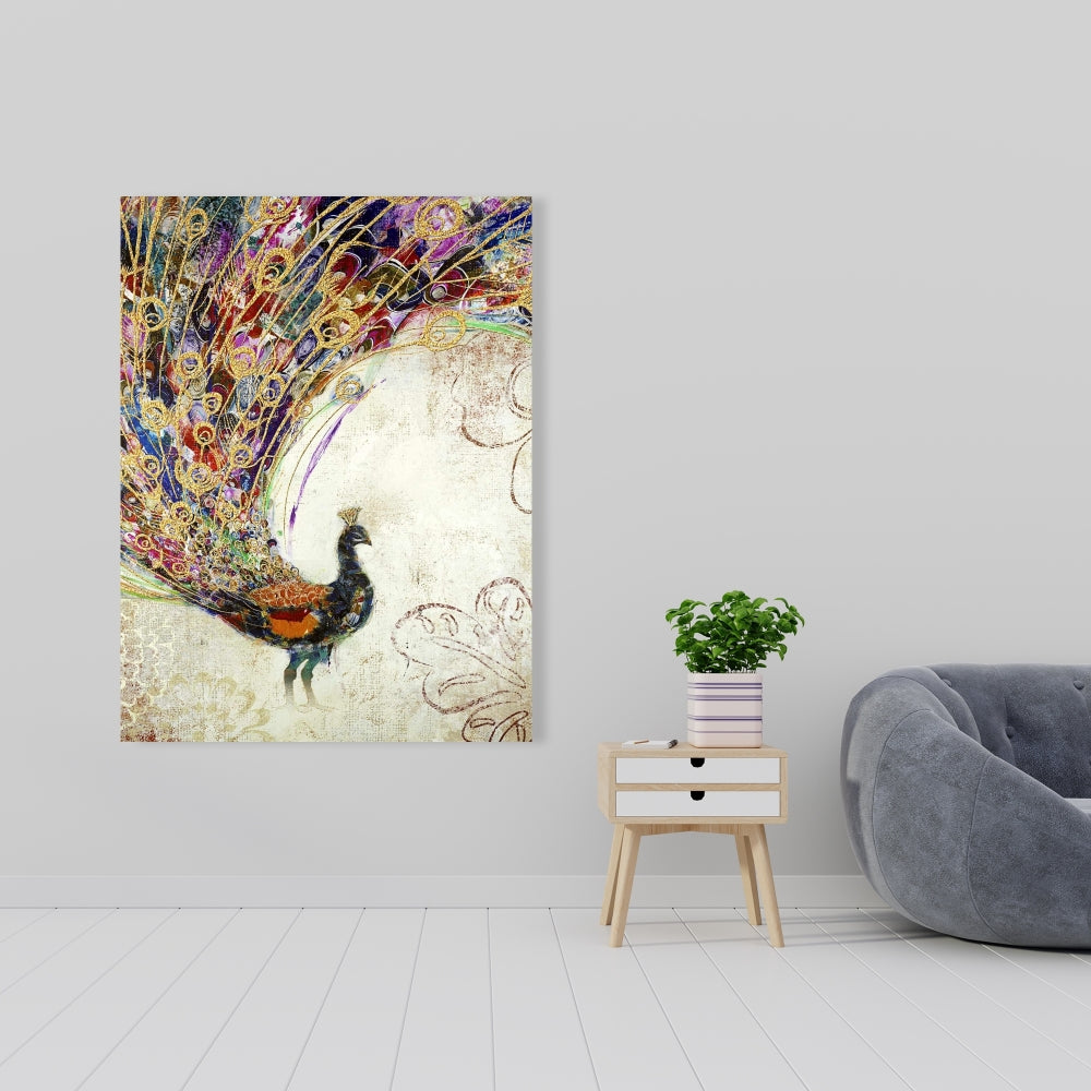 Peacock with Gold Feathers Canvas - Orange Animal Decor