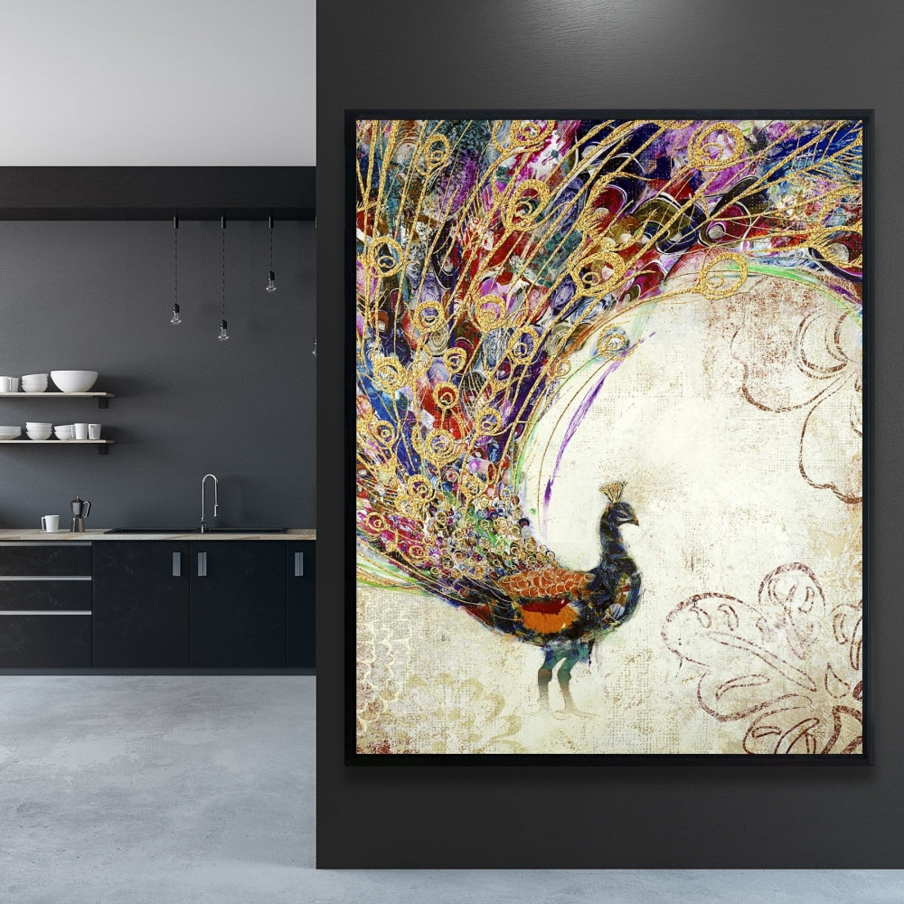 Peacock Gold Feathers Canvas - Orange Animal Decor for Bedroom