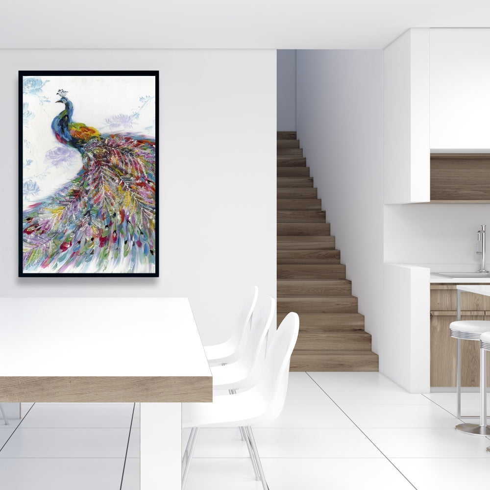 Majestic Peacock with Flowers Framed Canvas - Home Decor