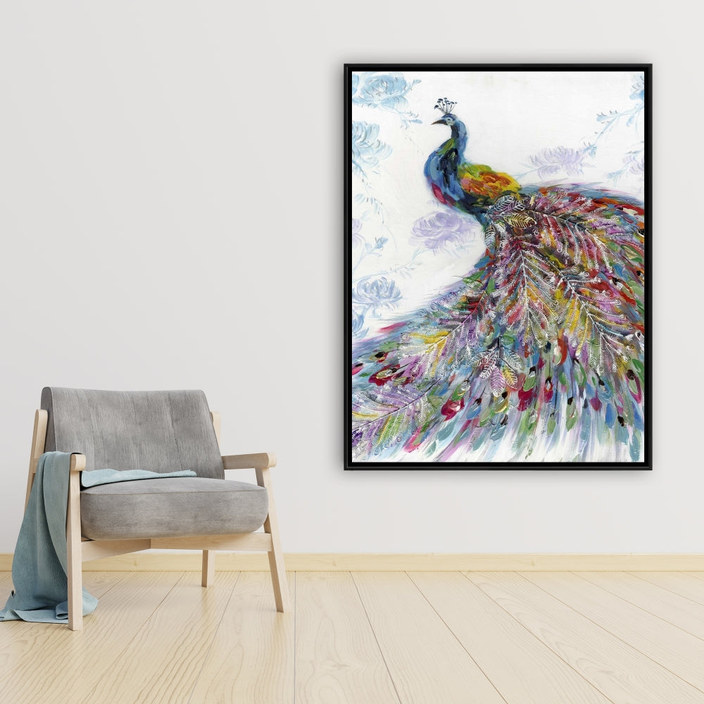 Majestic Peacock with Flowers Framed Canvas - Home Decor