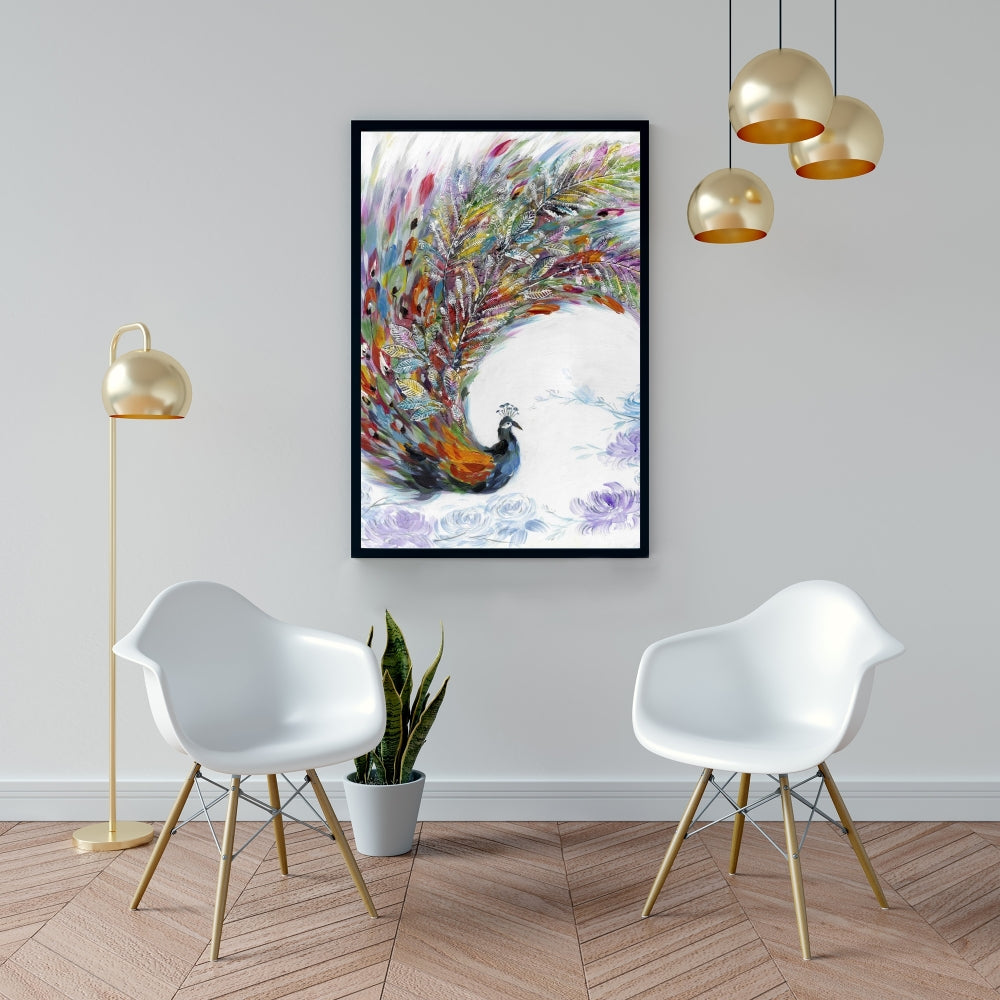 Colorful Peacock with Flowers Framed Canvas | Home Decor Art