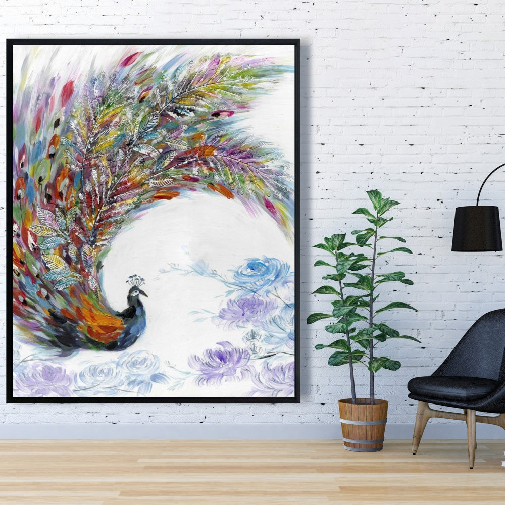 Colorful Peacock with Flowers Framed Canvas | Home Decor Art
