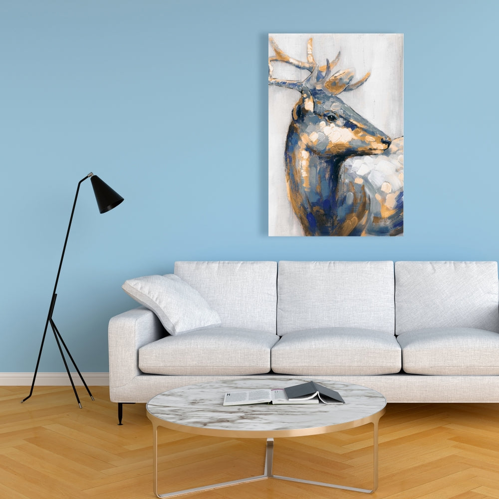 Golden Deer Blue Canvas - Elegant Home Decor Wall Art
