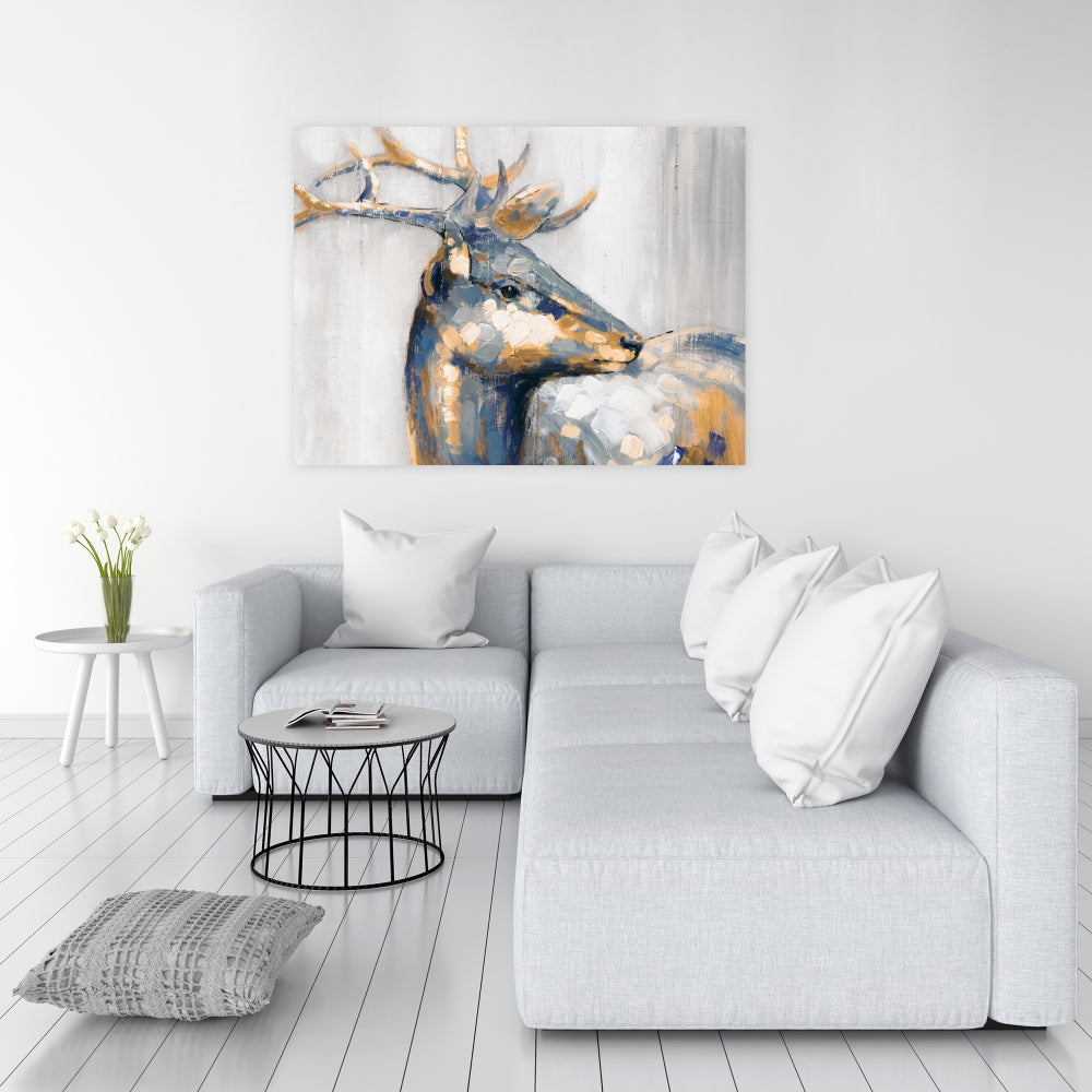 Golden Deer Blue Canvas - Elegant Home Decor Wall Art