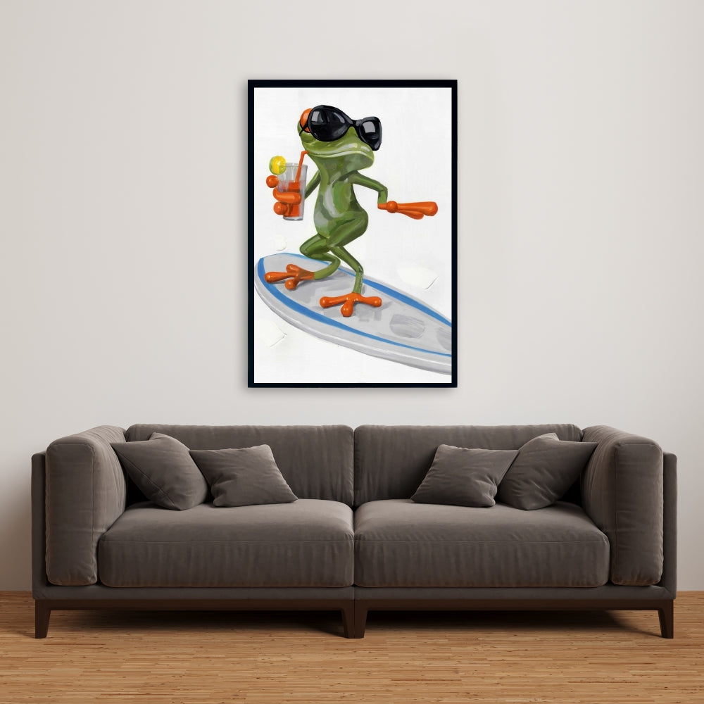 Funny Frog Surfing Canvas | Green Frame Home Decor Art