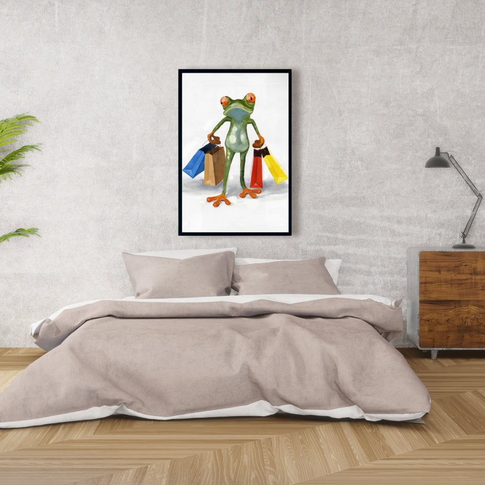 Funny Frog with Shopping Bags Canvas | Animal Bedroom Decor