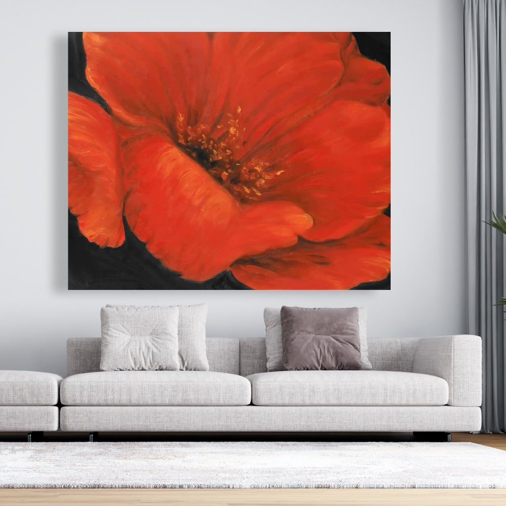 Red Flower Black Canvas - Elegant Bedroom Wall Art Decor