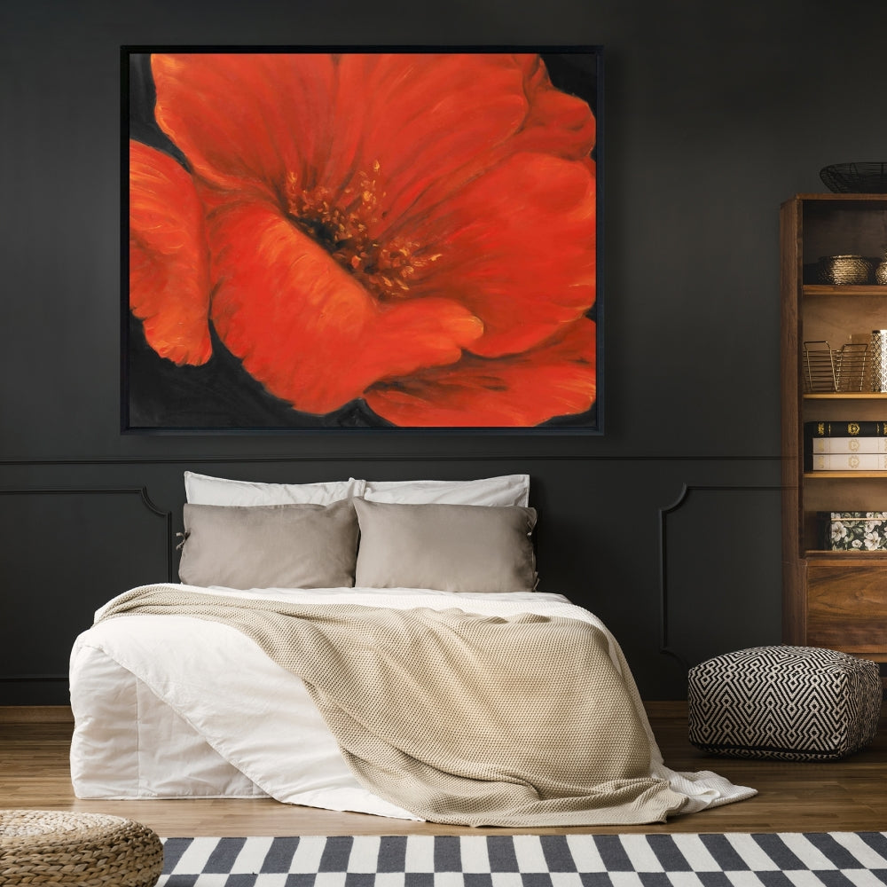 Black Bedroom Contemporary Framed Canvas - Red Flower Decor