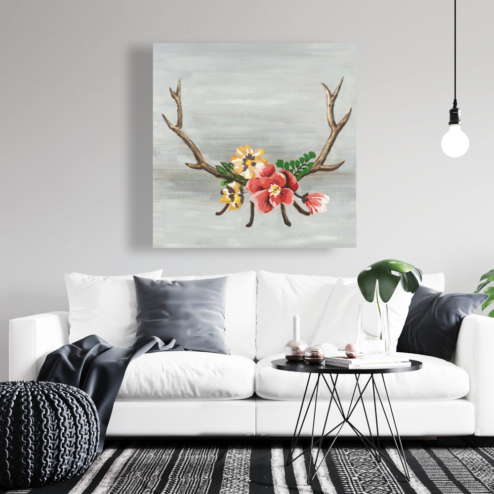 Bohemian Brown Bedroom Canvas | Deer Horns with Flowers Decor
