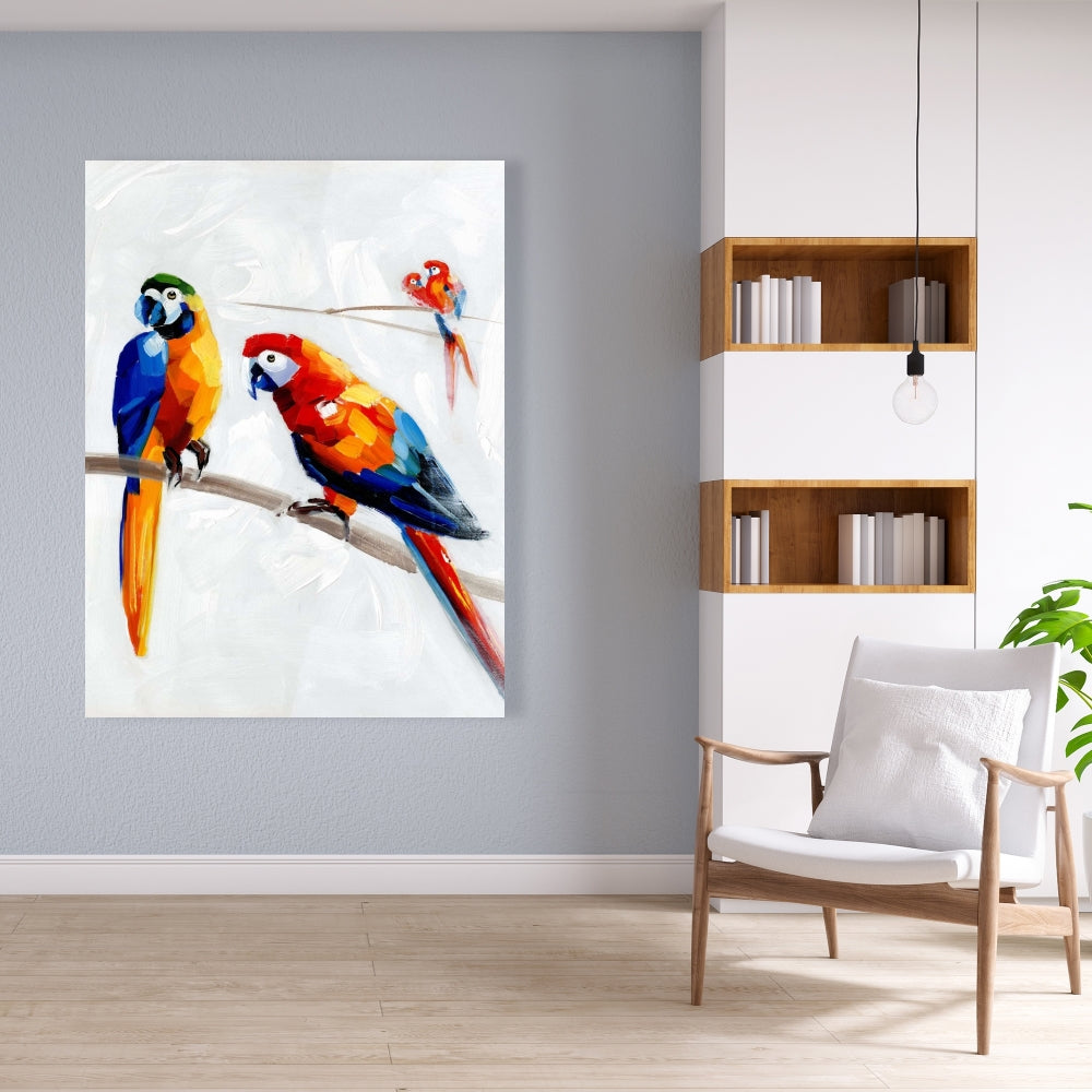 Parrots on a Branch Canvas | Contemporary Bird Art Decor