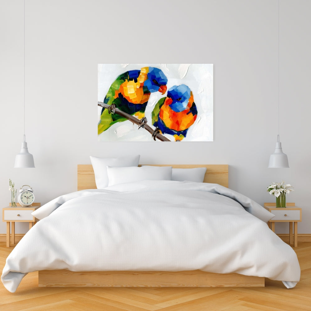 Blue Canvas Couple of Parrots - Animal Bedroom Home Decor