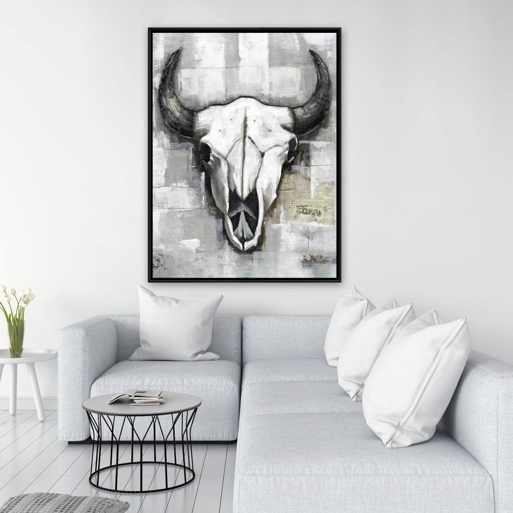 Industrial Bull Skull Canvas | White Bedroom Skull Decor