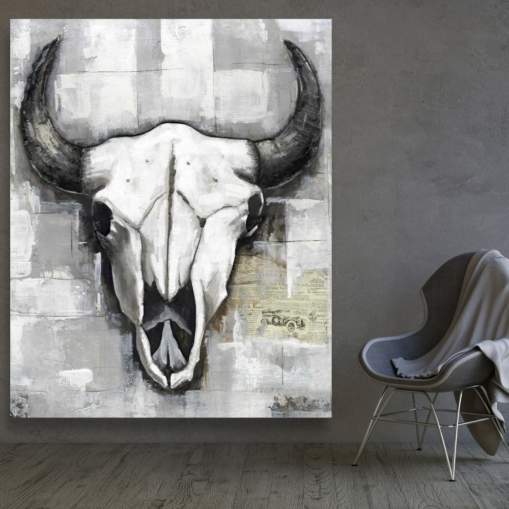 Toile Crâne de taureau blanc – Décoration de chambre de style industriel