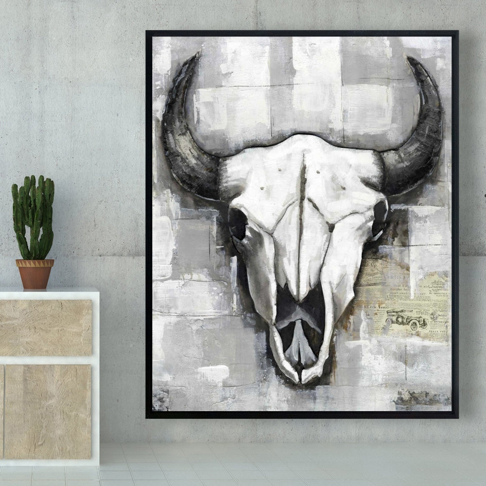 Industrial Bull Skull Canvas | White Bedroom Skull Decor
