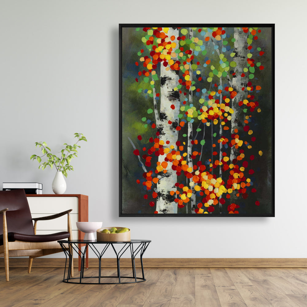 Bouleaux à feuilles pointillées colorées | Décoration de chambre verte sur toile