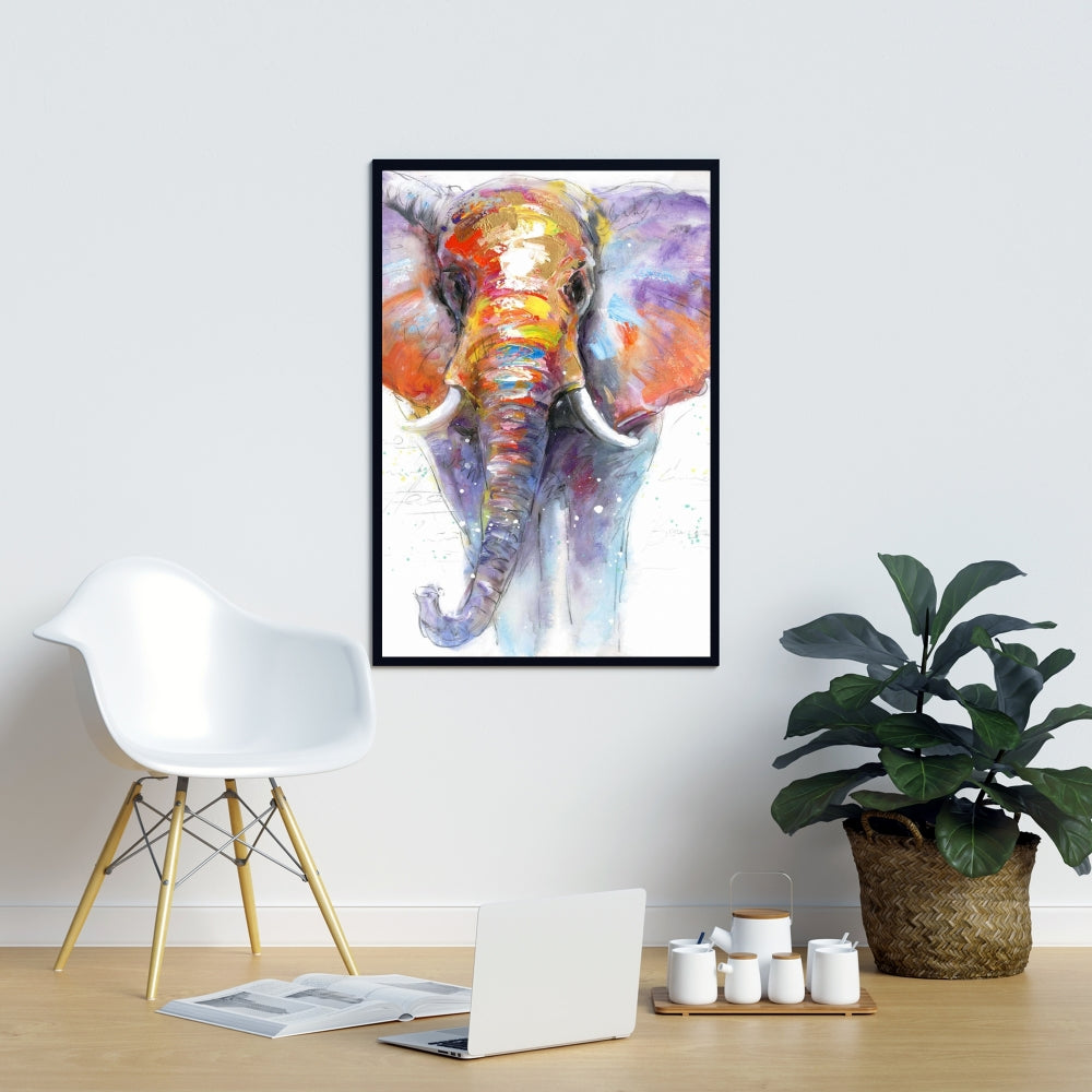 Éléphant marchant coloré | Toile encadrée violette pour chambre