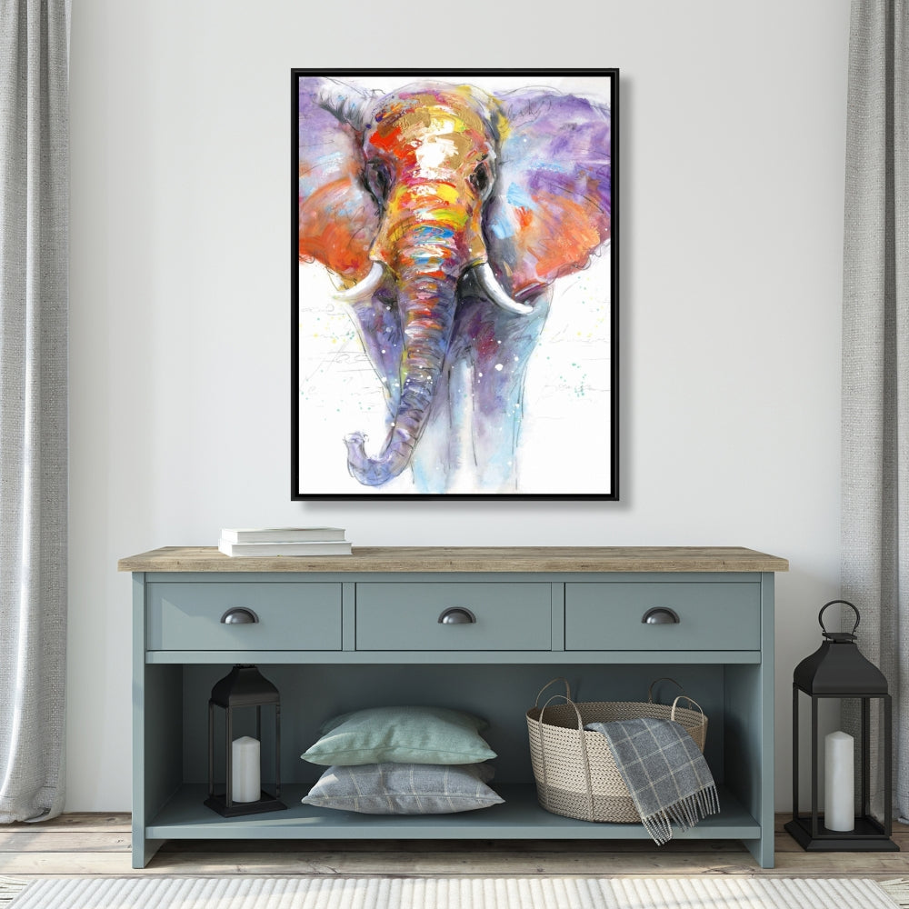 Éléphant marchant coloré | Toile encadrée violette pour chambre