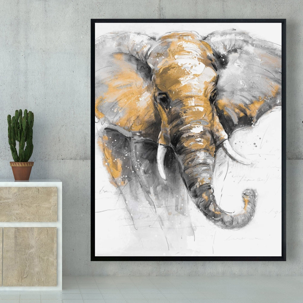 Toile encadrée grise – Magnifique éléphant doré pour la décoration intérieure