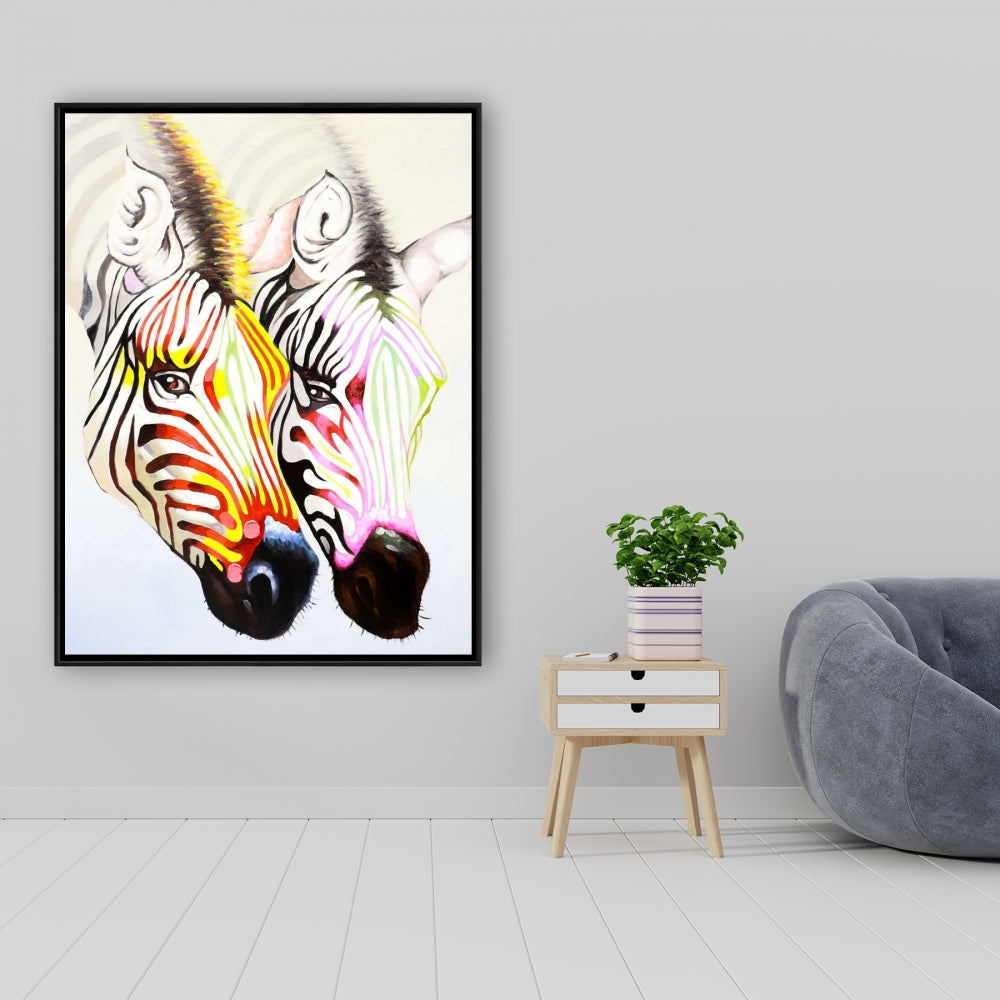 Colorful Zebras Canvas | Yellow Frame | Bedroom Wildlife Decor