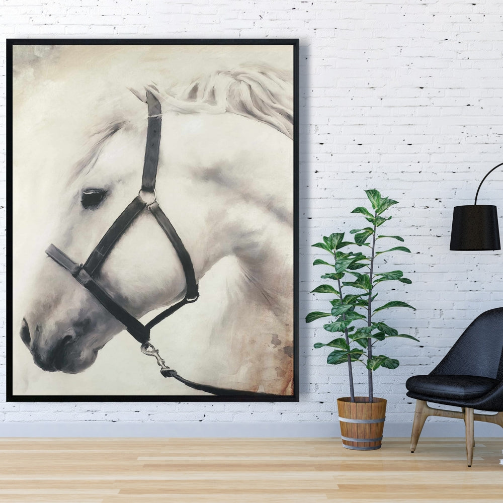 Toile Darius le cheval blanc | Décoration de chambre avec animaux de la ferme