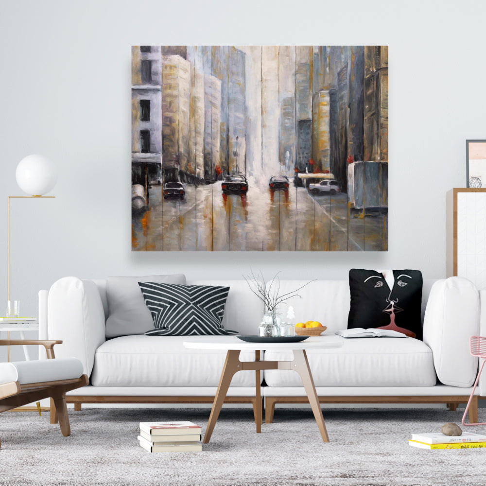 Cars in the Morning Rain Canvas - Brown Bedroom Wall Art Decor