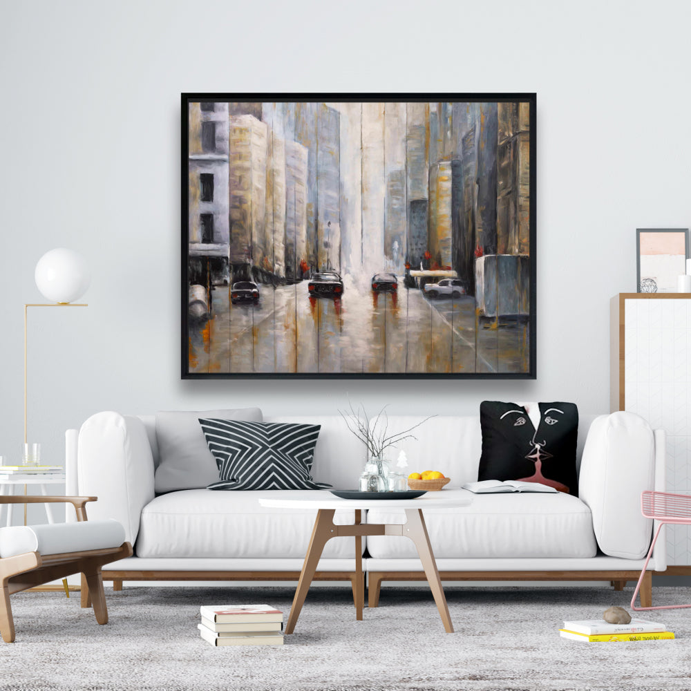 Cars in the Morning Rain | Brown Industrial Framed Canvas Decor