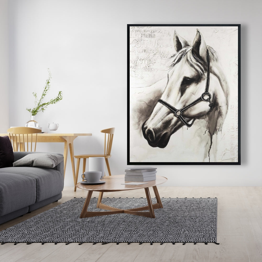 Toile minimaliste Flicka le cheval blanc | Décoration d'animaux de la ferme