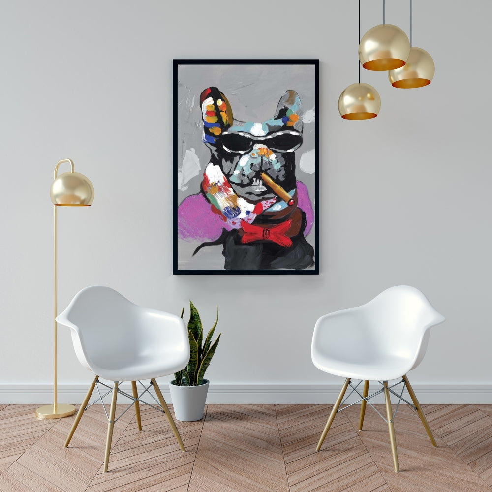 Toile abstraite représentant un bouledogue avec un cigare – Décoration contemporaine pour animaux de compagnie