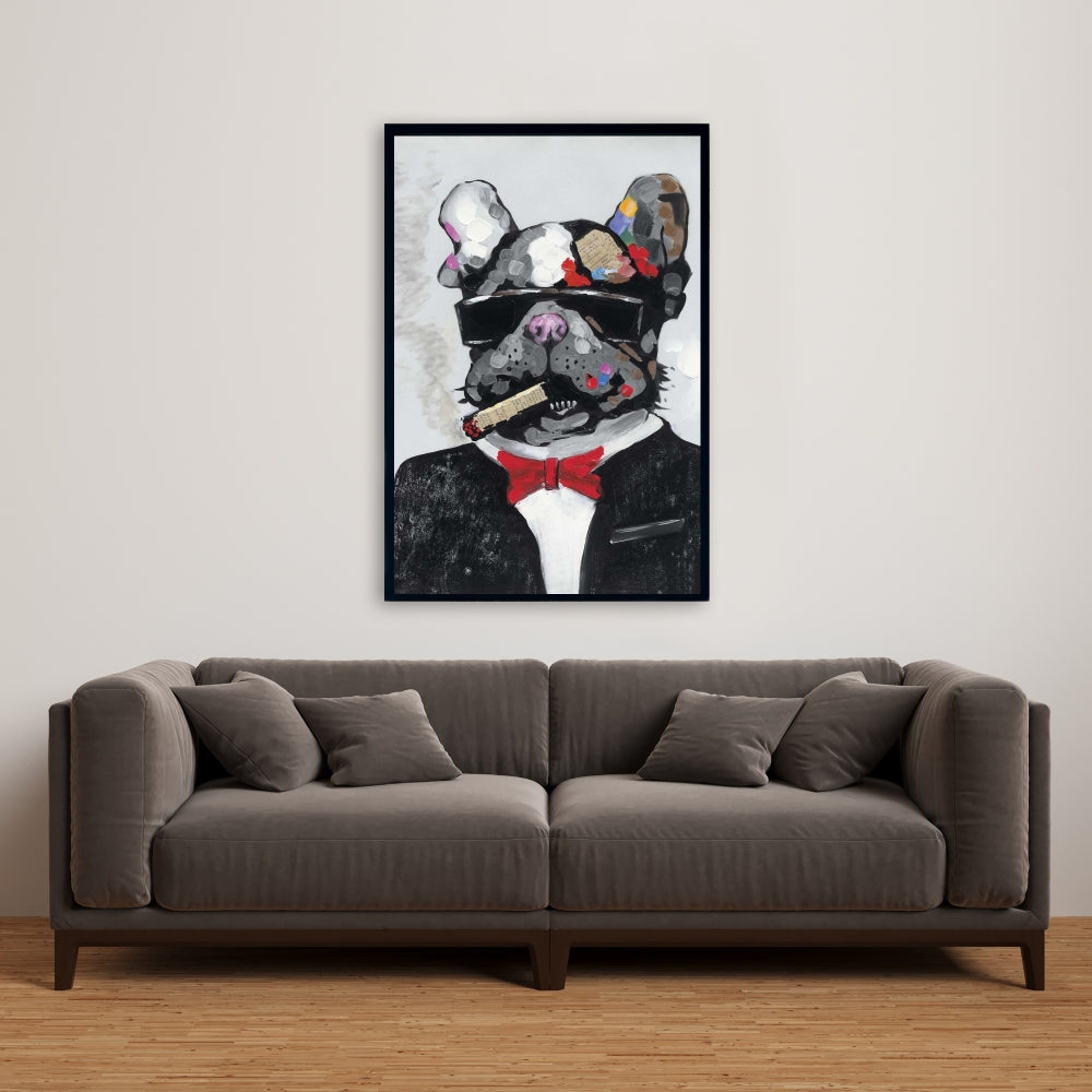 Toile représentant un bouledogue fumeur - Cadre gris - Décoration d'intérieur
