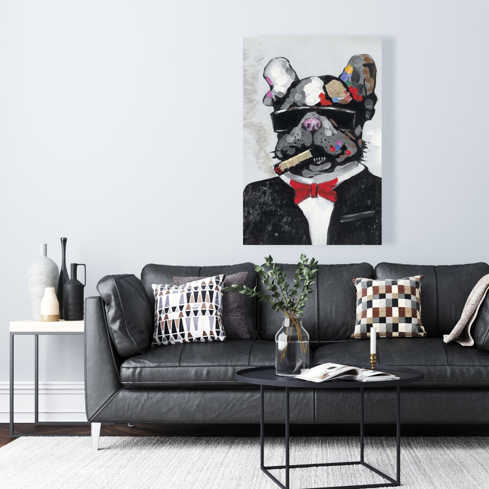 Smoking Gangster Bulldog Canvas | Gray Animal Art Home Decor