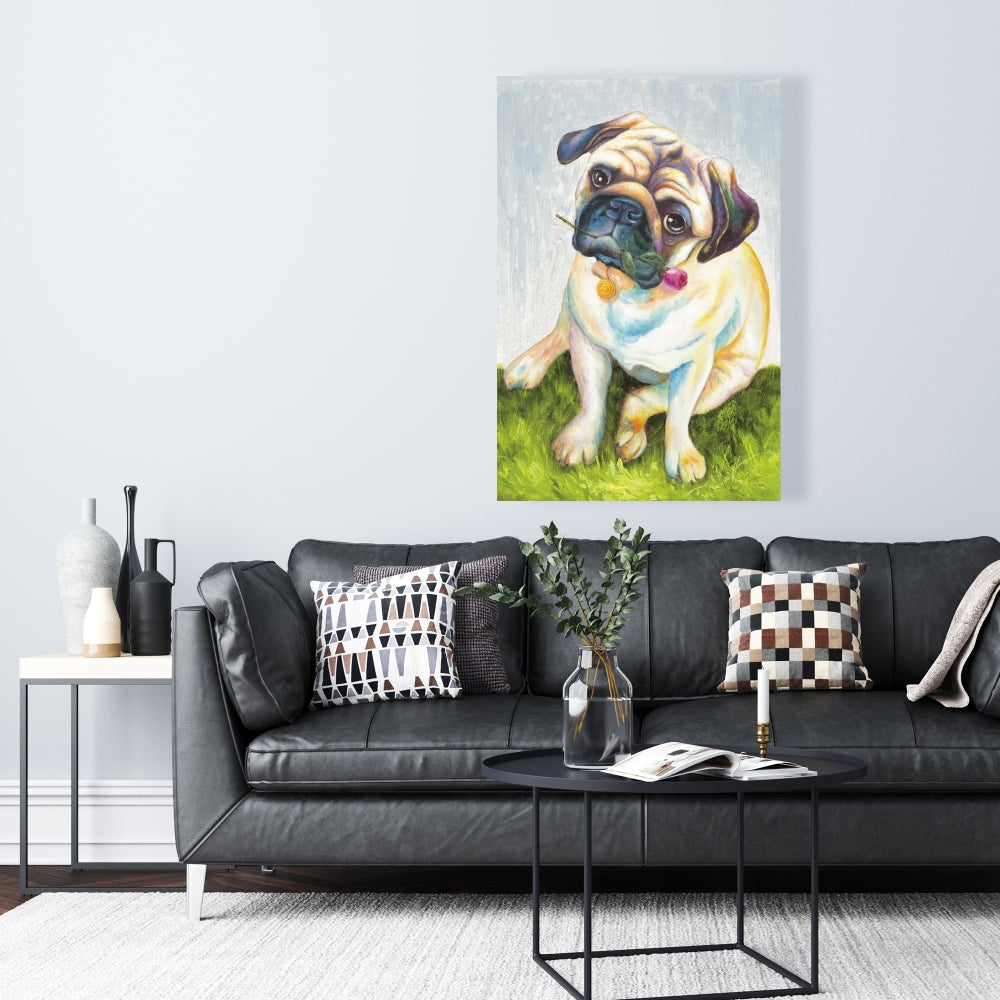 Cute Pug with Rose | Blue Bedroom Canvas Art for Home Decor