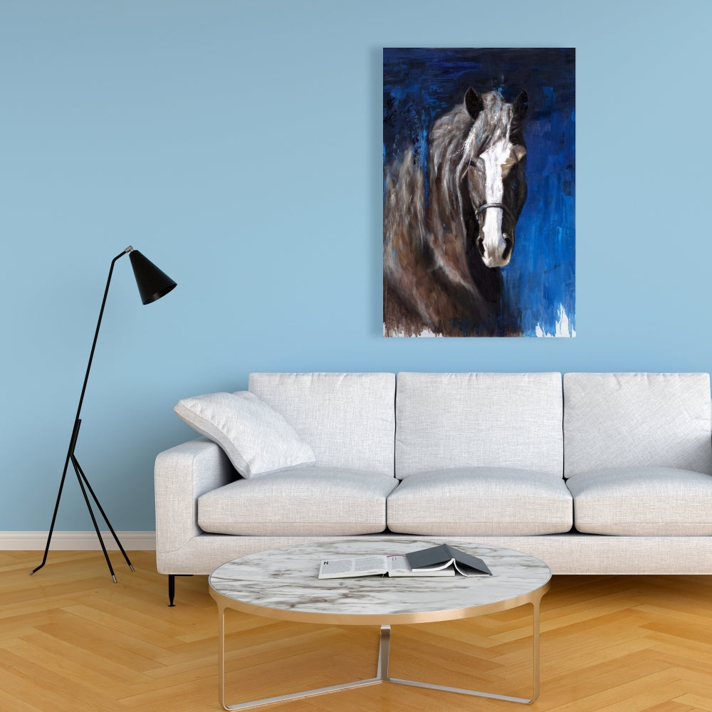 Brown Horse Blue Canvas | Animal Bedroom Decor Wall Art