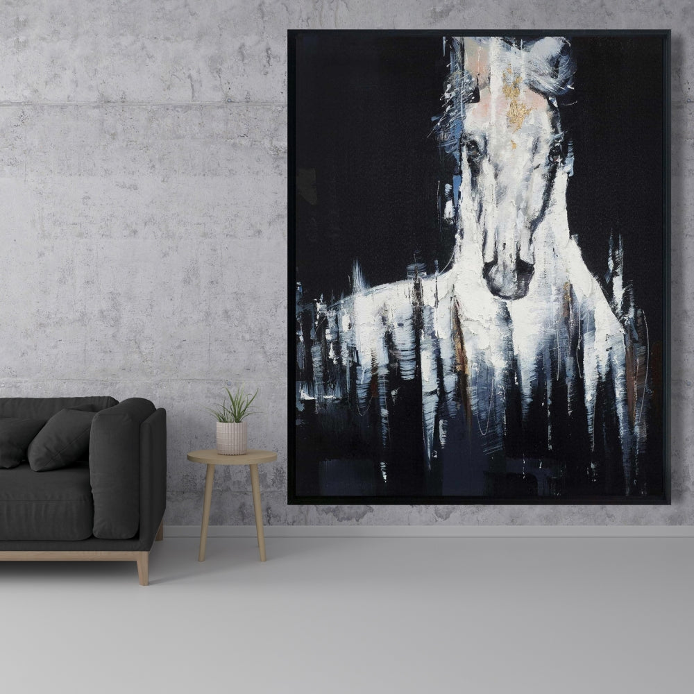 Toile abstraite de cheval blanc | Décoration d'intérieur avec animaux de la ferme bleus