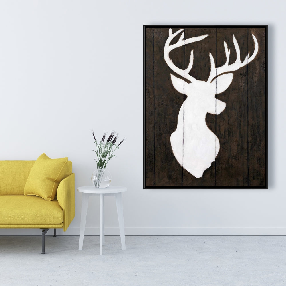 Toile Silhouette de cerf blanc | Décoration murale rustique encadrée en bois