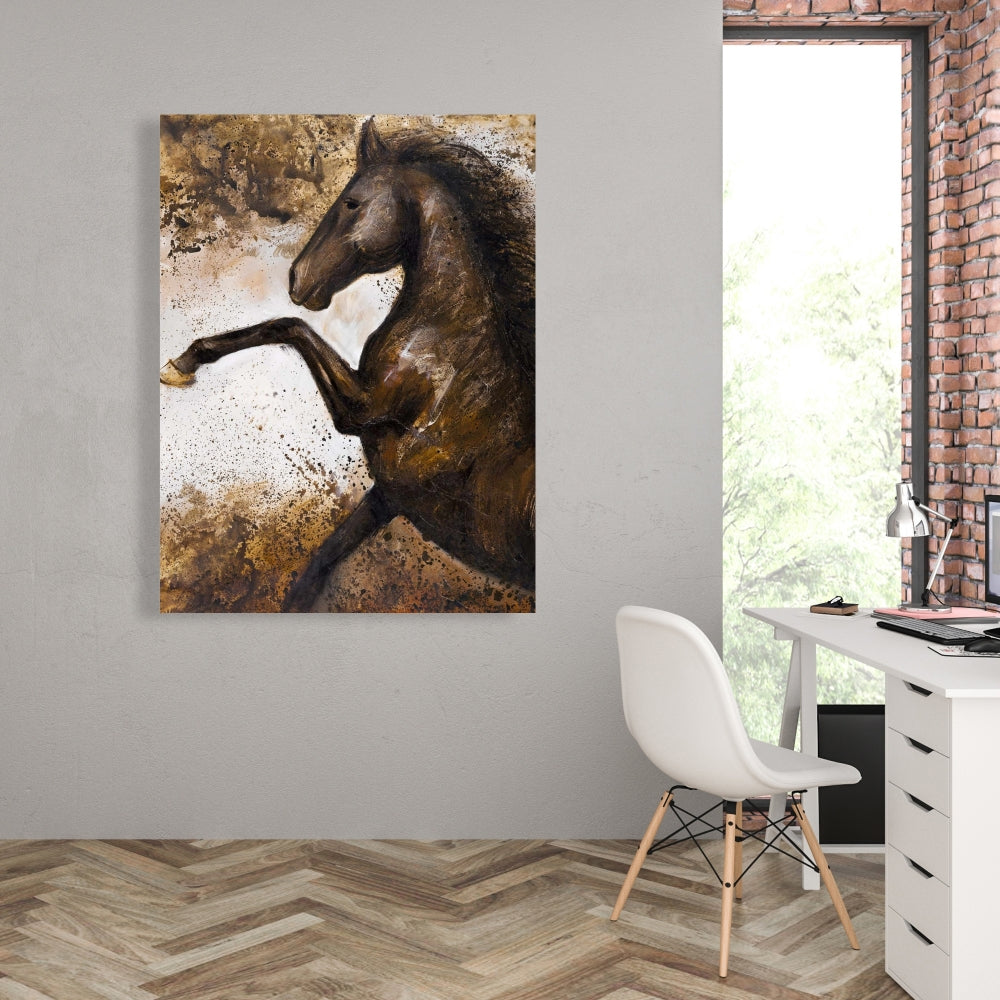 Horse Rushing Into Soil Canvas | Brown Animal Decor for Bedroom