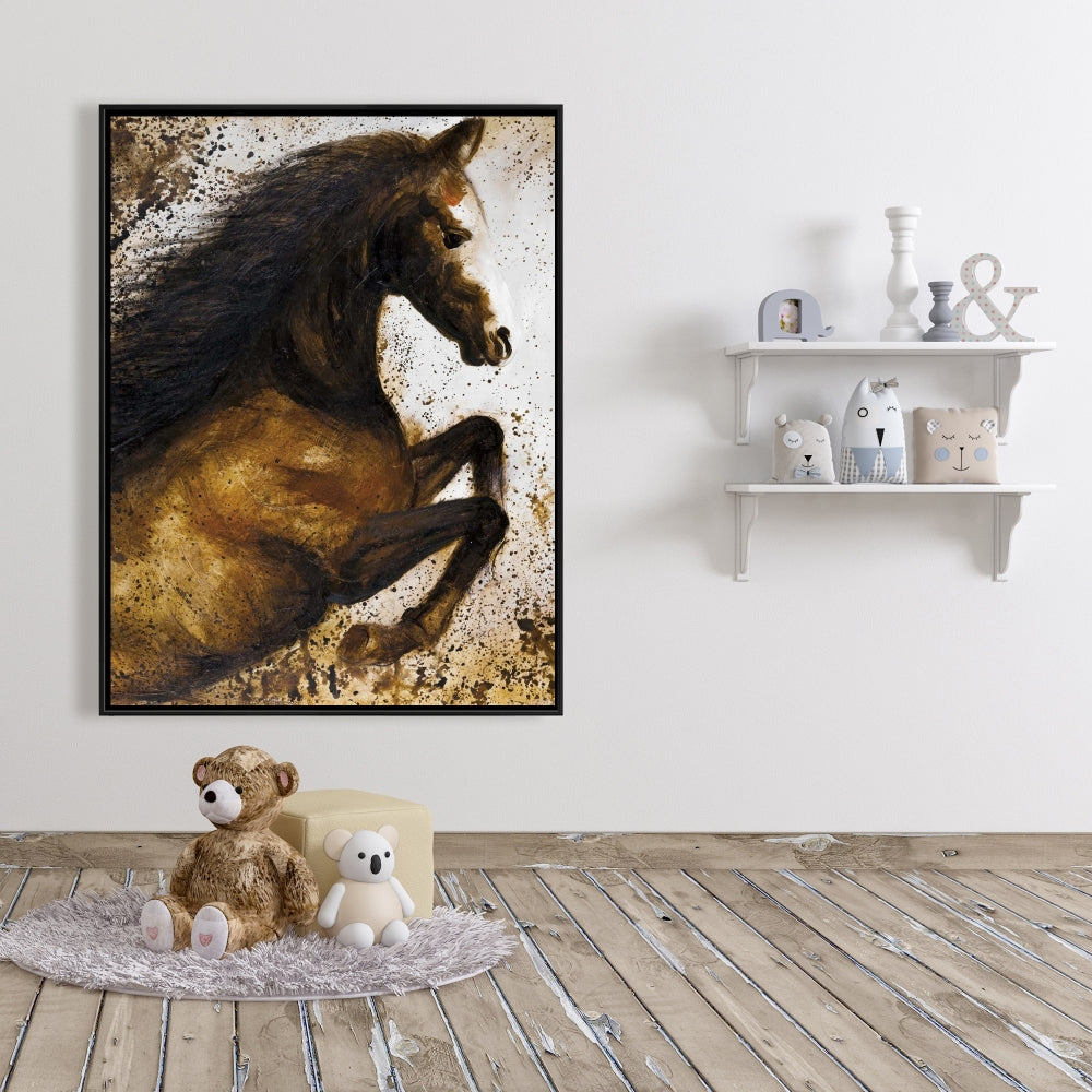 Horse Rushing Canvas - Brown Framed Art for Home Decor