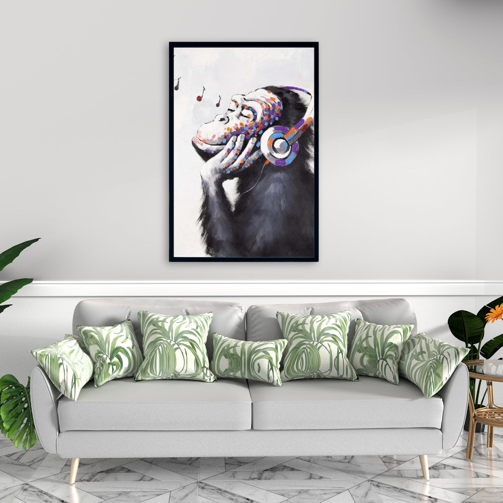 Monkey Listening Music - Blue Framed Canvas | Home Decor