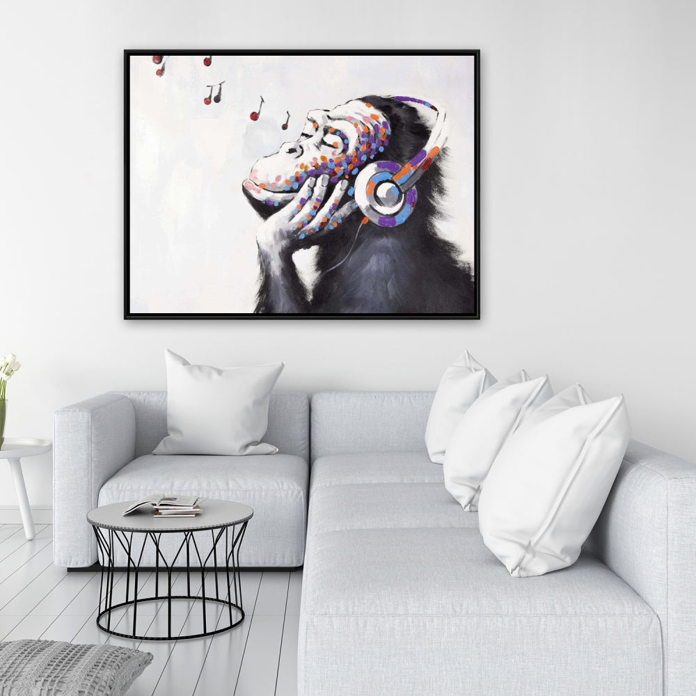 Monkey Listening Music - Blue Framed Canvas | Home Decor