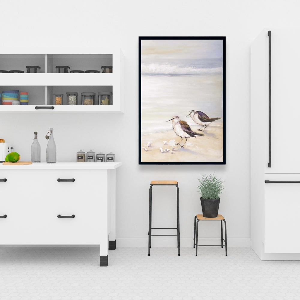 Deux bécasseaux sur la plage | Toile encadrée grise marine
