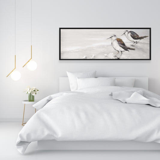 Marine Beige Framed Canvas - Two Sandpipers Birds Decor
