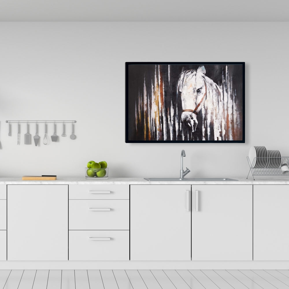 Cheval blanc sur toile sombre – Décoration animalière rustique pour chambre à coucher