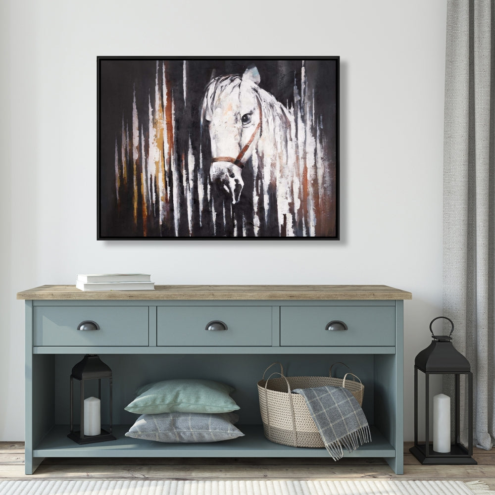 Cheval blanc sur toile sombre – Décoration animalière rustique pour chambre à coucher