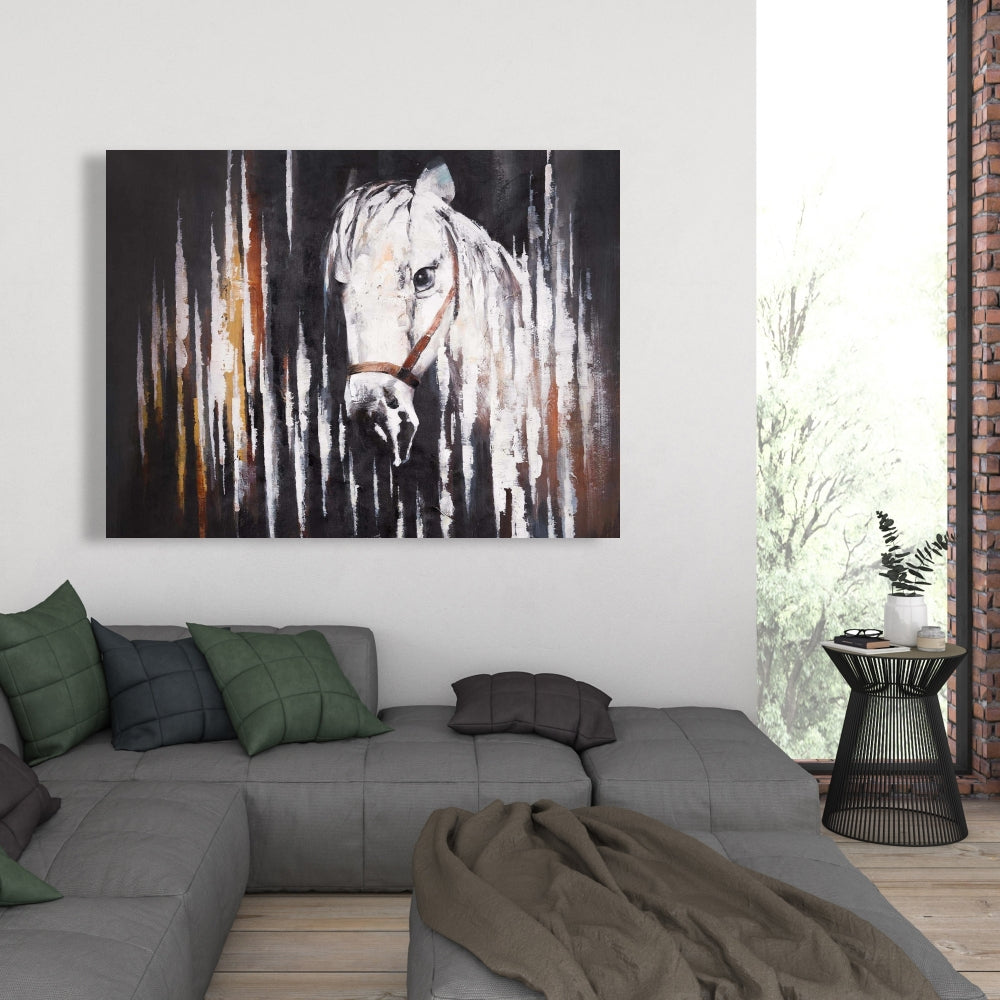 White Horse in the Dark Canvas | Rustic Bedroom Wall Decor