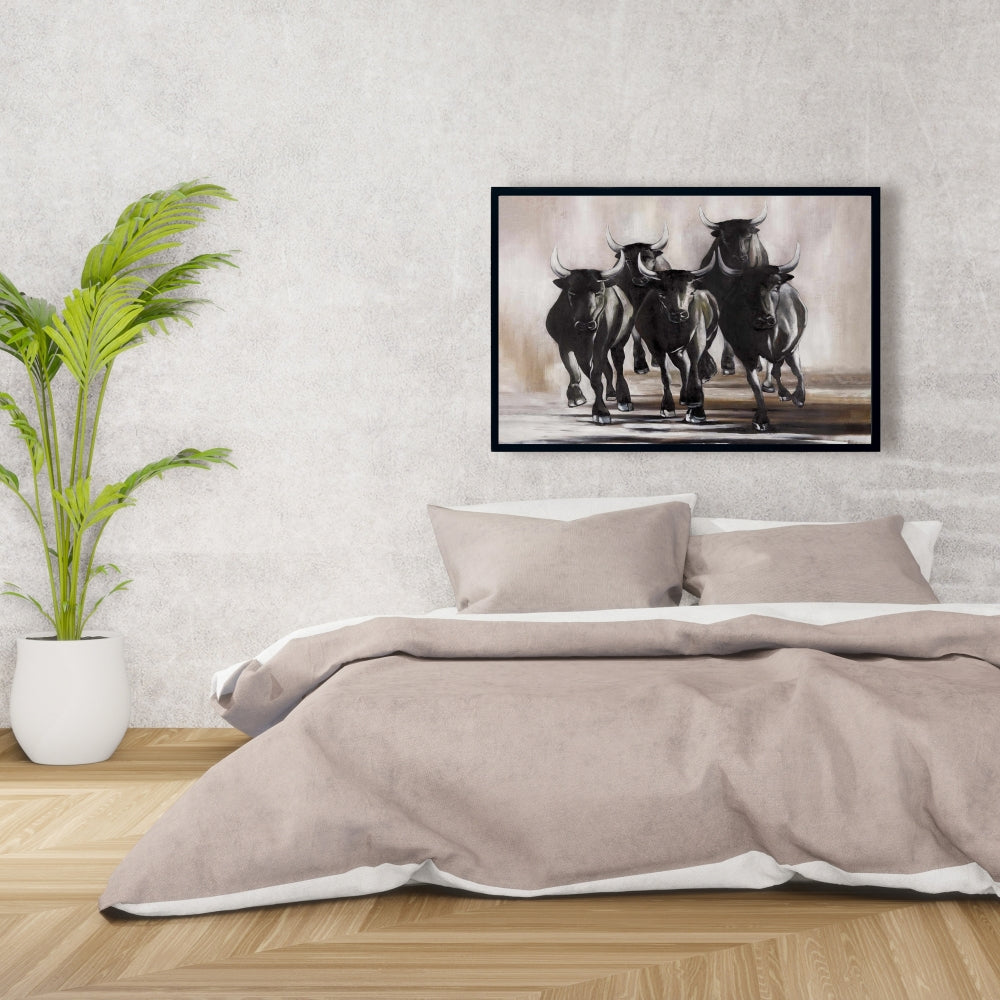 Groupe de taureaux en course – Décoration sur toile encadrée d'animaux bruns