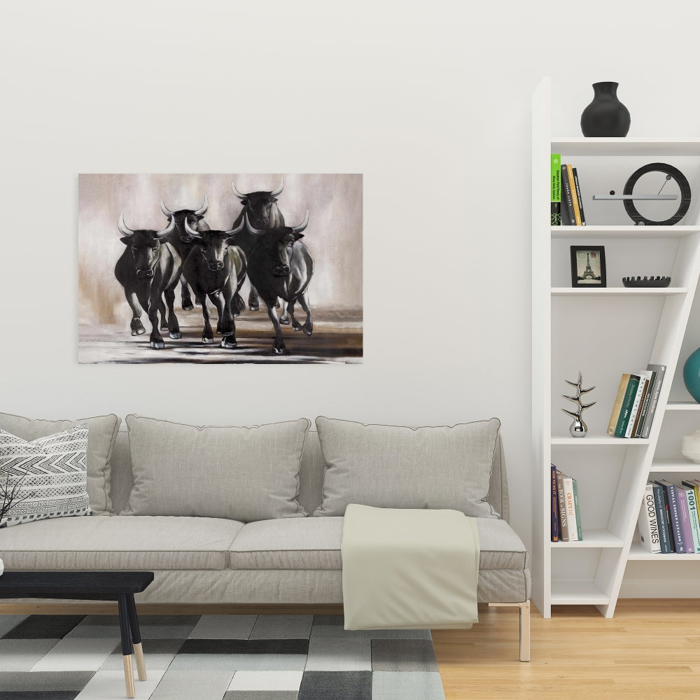 Toile représentant un groupe de taureaux en fuite – Décoration rustique d'animaux de ferme